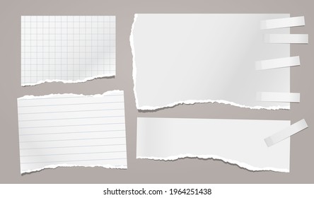 Set of torn white note, notebook paper pieces with sticky tape stuck on light grey background. Vector illustration