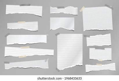 Set of torn white note, notebook paper pieces stuck on grey background. Vector illustration