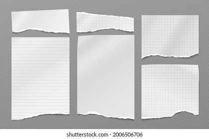 Conjunto de notas rotas blancas, bandas de papel de cuaderno pegadas en fondo cuadrado gris para texto, publicidad. Ilustración del vector