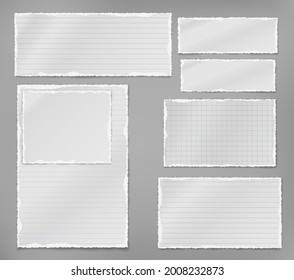 Set of torn white note, notebook paper stripes stuck on grey background for text, advertising. Vector illustration