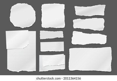 Conjunto de notas rotas blancas, bandas de papel de cuaderno pegadas en fondo gris oscuro para texto, publicidad. Ilustración del vector