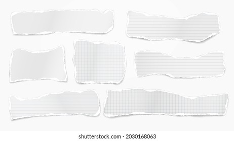 Conjunto de notas rotas en blanco, bandas de papel de cuaderno pegadas en fondo blanco para texto, publicidad. Ilustración del vector