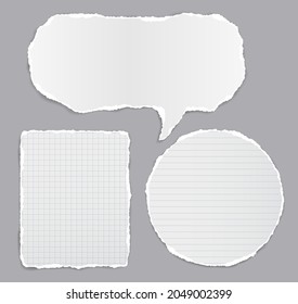 Set of torn white note, notebook paper stripes and speech bubble stuck on dark grey background for text, advertising. Vector illustration