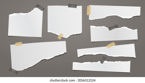 Set of torn white note, notebook paper pieces with sticky tape stuck on dark grey background. Vector illustration