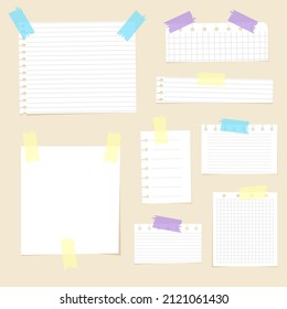 Set of torn white note, notebook lined and blank paper pieces stuck on light brown background. Vector illustration