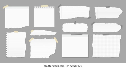 Conjunto de piezas de papel de notas blancas rotas están sobre fondo marrón para texto, notas o anuncio.