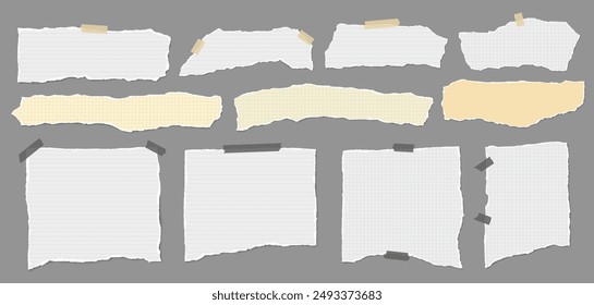 Set of torn white note paper pieces are on brown background for text, notes or ad.