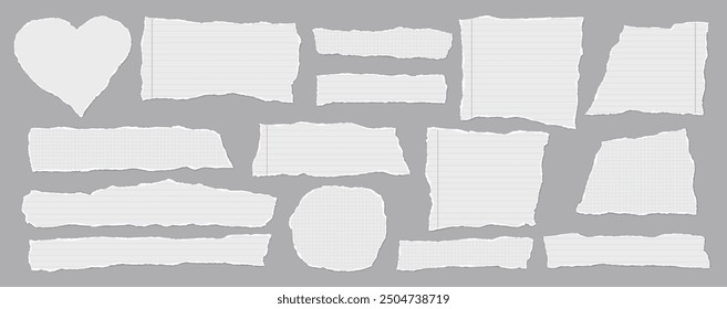 Set of torn white note paper pieces are on grey background for text, notes or ad.