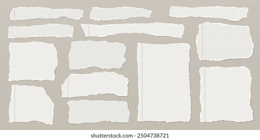 Conjunto de piezas de papel de nota blanco desgarrado están sobre fondo marrón para texto, notas o anuncio.