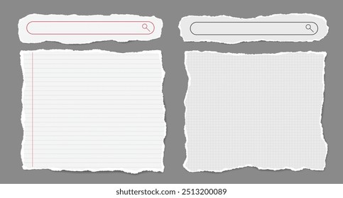 Set of torn white note paper pieces, strips with search bar are on grey background for text, notes or ad.