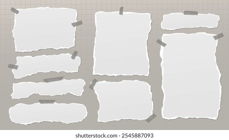 Conjunto de papel de nota blanco desgarrado, piezas con cinta adhesiva están sobre fondo transparente gris oscuro para texto o anuncio. Ilustración vectorial.