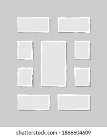 Set of torn white note. Scraps of torn paper of various shapes isolated on gray background. Vector illustration.
