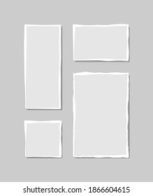 Satz zerrissener weißer Notiz. Scheiben von zerrissenem Papier verschiedener Formen einzeln auf grauem Hintergrund. Vektorgrafik.
