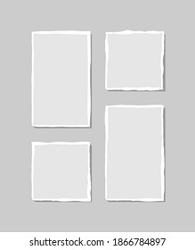 Conjunto de notas rotas blancas. Fragmentos de papel roto de varias formas aislados en fondo gris. Ilustración vectorial.
