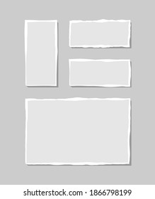 Set of torn white note. Scraps of torn paper of various shapes isolated on gray background. Vector illustration.
