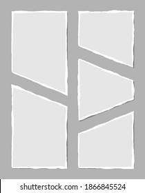 Set of torn white note. Scraps of torn paper of various shapes isolated on gray background. Vector illustration.
