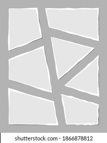 Set of torn white note. Scraps of torn paper of various shapes isolated on gray background. Vector illustration.