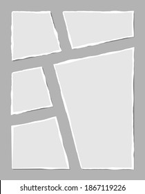 Set of torn white note. Scraps of torn paper of various shapes isolated on gray background. Vector illustration.