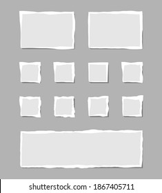 Set of torn white note. Scraps of torn paper of various shapes isolated on gray background. Vector illustration.
