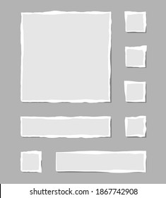 Set of torn white note. Scraps of torn paper of various shapes isolated on gray background. Vector illustration.