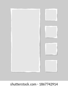 Set of torn white note. Scraps of torn paper of various shapes isolated on gray background. Vector illustration.
