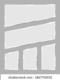 Set of torn white note. Scraps of torn paper of various shapes isolated on gray background. Vector illustration.