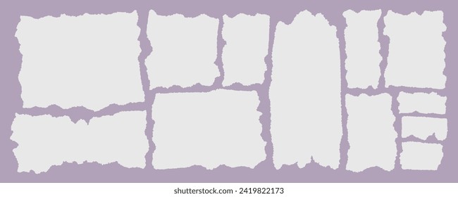 Set of torn white paper with an edge isolated on a purple background. Vector illustration of small scraps of torn paper of different sizes and shapes. Crumbled colored pieces of pages.