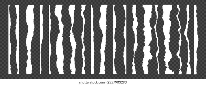 Set of torn white paper edge. Ripped pieces of paper, newspaper or notes with shadows and texture. Grunge design for banner. Realistic vector illustration collection isolated on transparent background