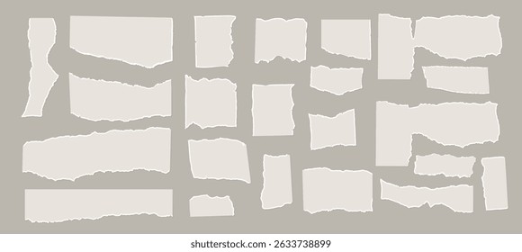 Set of torn white papers. Tear sheet pieces pack. Blanks with uneven textured edges. Newspapers cutouts mockup. Empty colorful stylized callouts for text. Vector hand drawn illustration isolated.
