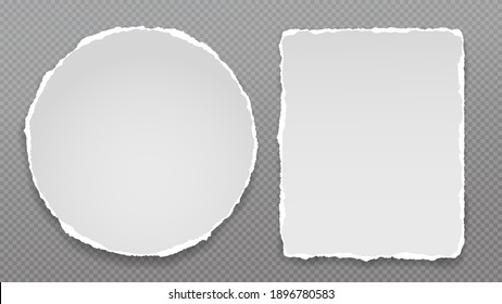 Set of torn white round note, notebook paper pieces stuck on dark squared grey background. Vector illustration