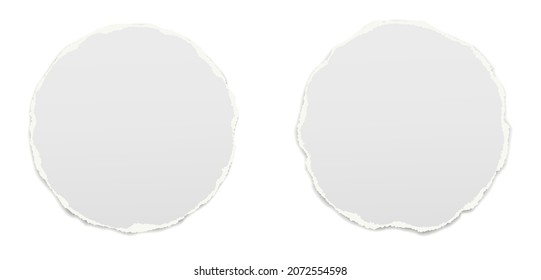 Set of torn white round note, notebook paper pieces stuck on white background. Vector illustration