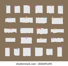 Conjunto de hojas de papel blancas rotas. Hoja de memoria o compartimento para bloc de notas. Notas pegajosas.