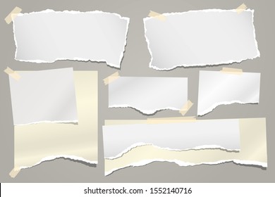 Set of torn white and yellow note, notebook paper strips and pieces stuck with sticky tape on grey background. Vector illustration