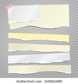 Set of torn white and yellow note, notebook paper strips and pieces stuck on grey squared background. Vector illustration