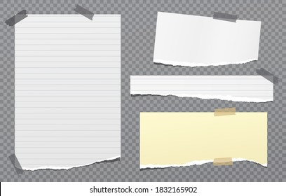 Set Of Torn White, Yellow Note, Notebook Paper Strips And Pieces Stuck On Transparent, Squared Background. Vector Illustration