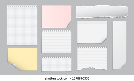 Set of torn white, yellow note, notebook paper pieces stuck on light grey background. Vector illustration