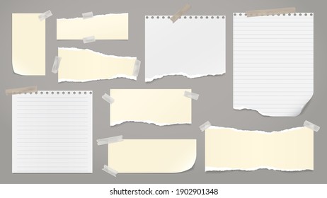 Conjunto de piezas de papel blanco roto, nota amarilla, papel portátil pegado en fondo gris oscuro. Ilustración del vector