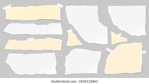 Set of torn white and yellow note paper pieces are on grey background for text or ad.