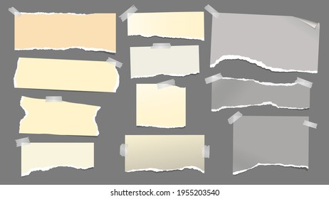 Conjunto de piezas de papel de cuaderno de color amarillo roto, nota gris, pegadas en fondo gris oscuro. Ilustración del vector