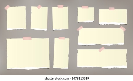 Set of torn yellow note, notebook paper pieces stuck with sticky tape on brown background. Vector illustration