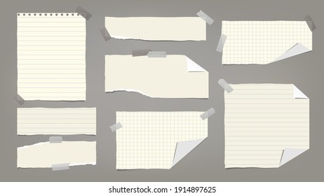 Set of torn yellow note, notebook paper pieces with folded corners stuck on dark grey background. Vector illustration