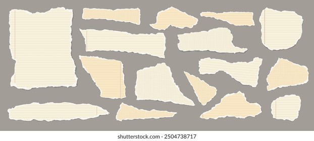 Set of torn yellow note paper pieces, strips are on dark grey background for text, notes or ad.