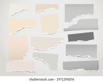 Set of torn yellow paper stripes and note, notebook sheet stuck on white background. Vector illustration