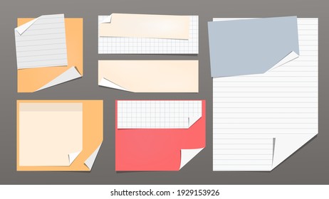 Set of torn yellow, white note, notebook paper pieces with folded corners stuck on dark grey background. Vector illustration