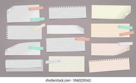 Set of torn yellow, white note, notebook paper pieces with sticky tape stuck on dark grey background. Vector illustration