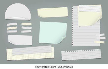 Set of torn yellow, white note, notebook paper pieces with sticky tape stuck on dark green background. Vector illustration