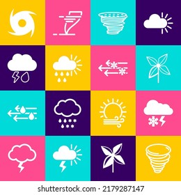 Set Tornado, Cloud with snow and lightning, Pinwheel, Cloudy rain sun,  and Wind icon. Vector