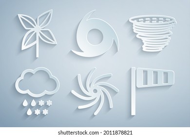 Set Tornado, Cloud with snow and rain, Cone windsock wind vane,  and Pinwheel icon. Vector