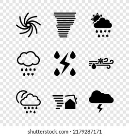 Ponga Tornado, Nube con nieve, lluvia, sol, luna, torbellino, tormenta e ícono. Vector