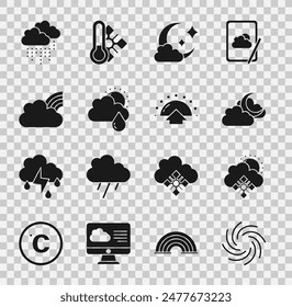 Set Tornado, Cloud with snow and sun, moon, rain, Rainbow clouds,  and Sunrise icon. Vector